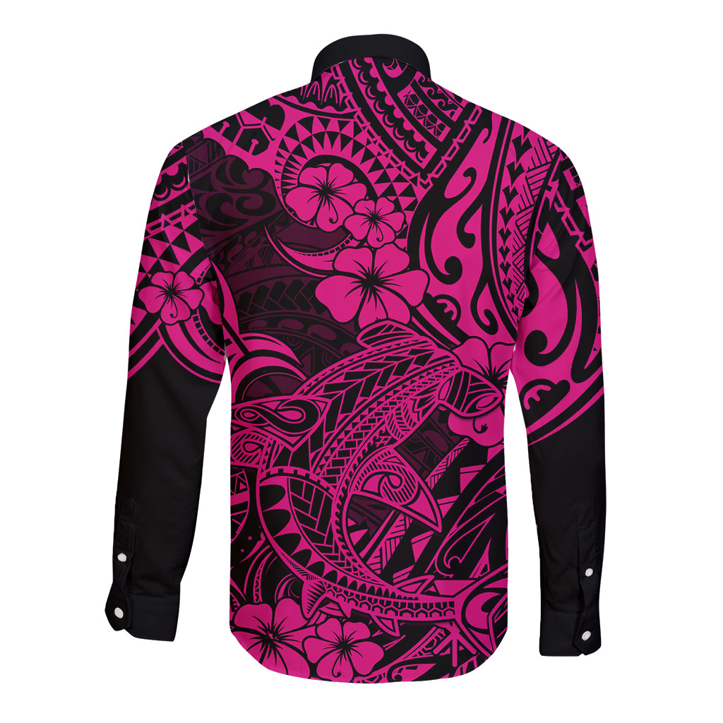 Hawaii Shark Long Sleeve Button Shirt Polynesian Pattern Pink Version LT01 - Polynesian Pride