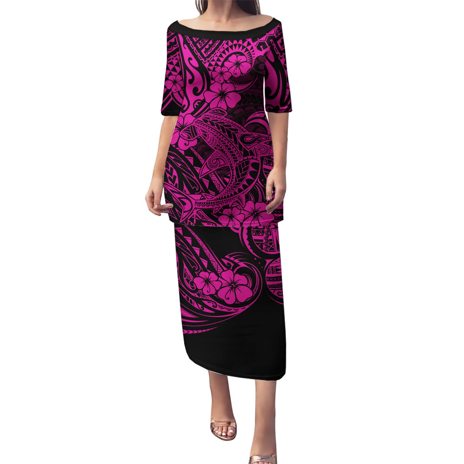 Hawaii Shark Puletasi Polynesian Pattern Pink Version LT01 Long Dress Pink - Polynesian Pride