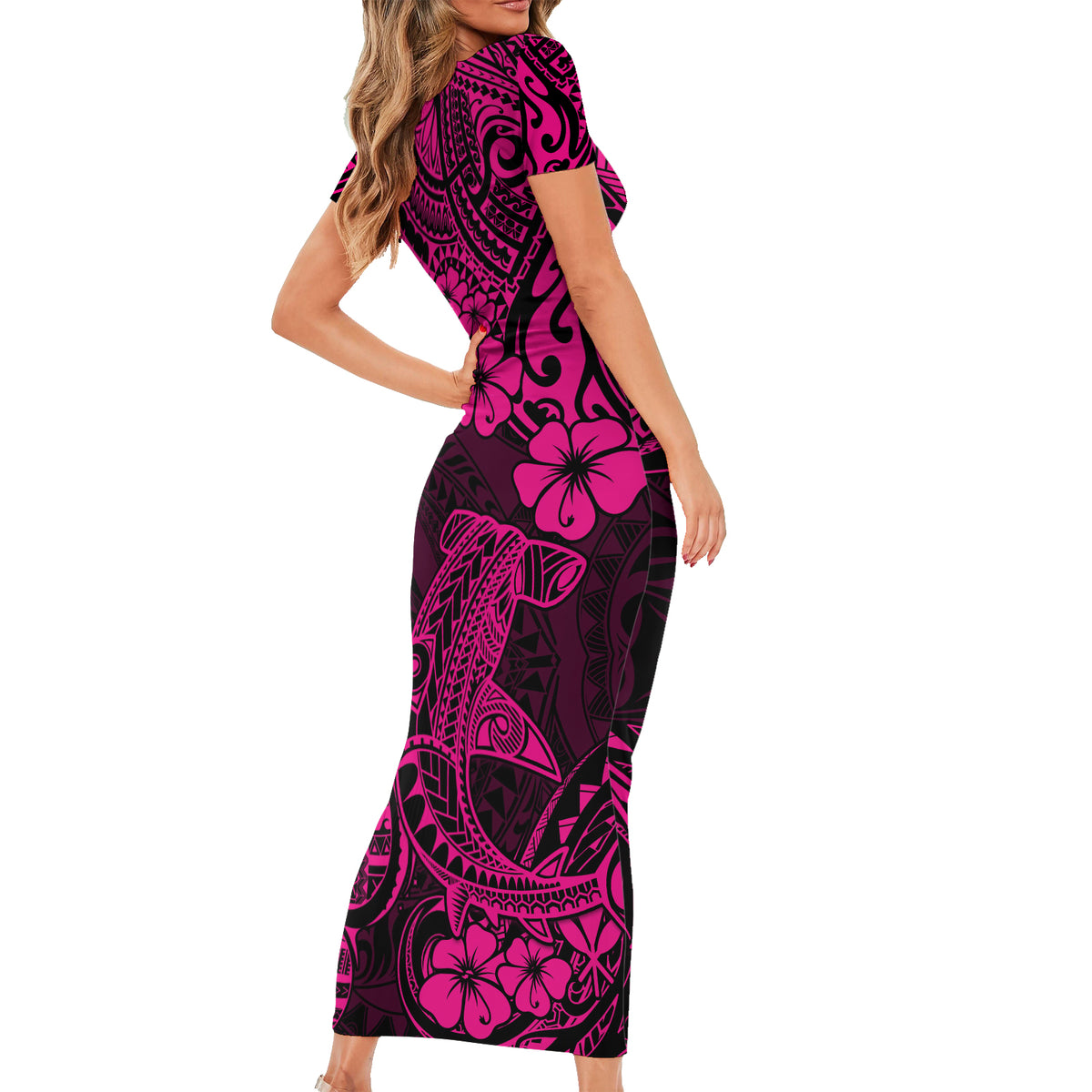 Hawaii Shark Short Sleeve Bodycon Dress Polynesian Pattern Pink Version LT01 - Polynesian Pride