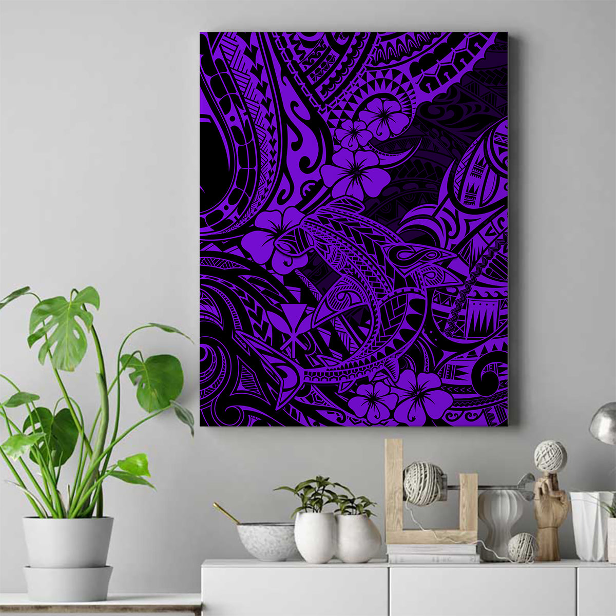 Hawaii Shark Canvas Wall Art Polynesian Pattern Purple Version LT01 Purple - Polynesian Pride