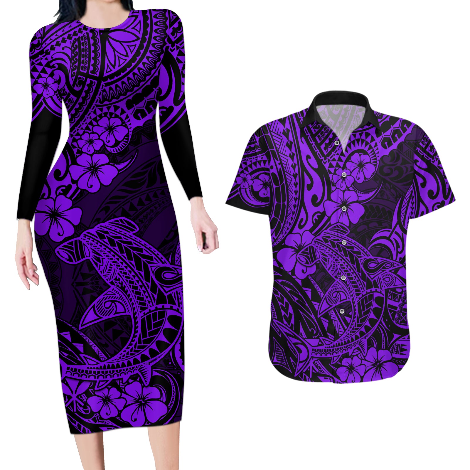 Hawaii Shark Couples Matching Long Sleeve Bodycon Dress and Hawaiian Shirt Polynesian Pattern Purple Version LT01 Purple - Polynesian Pride