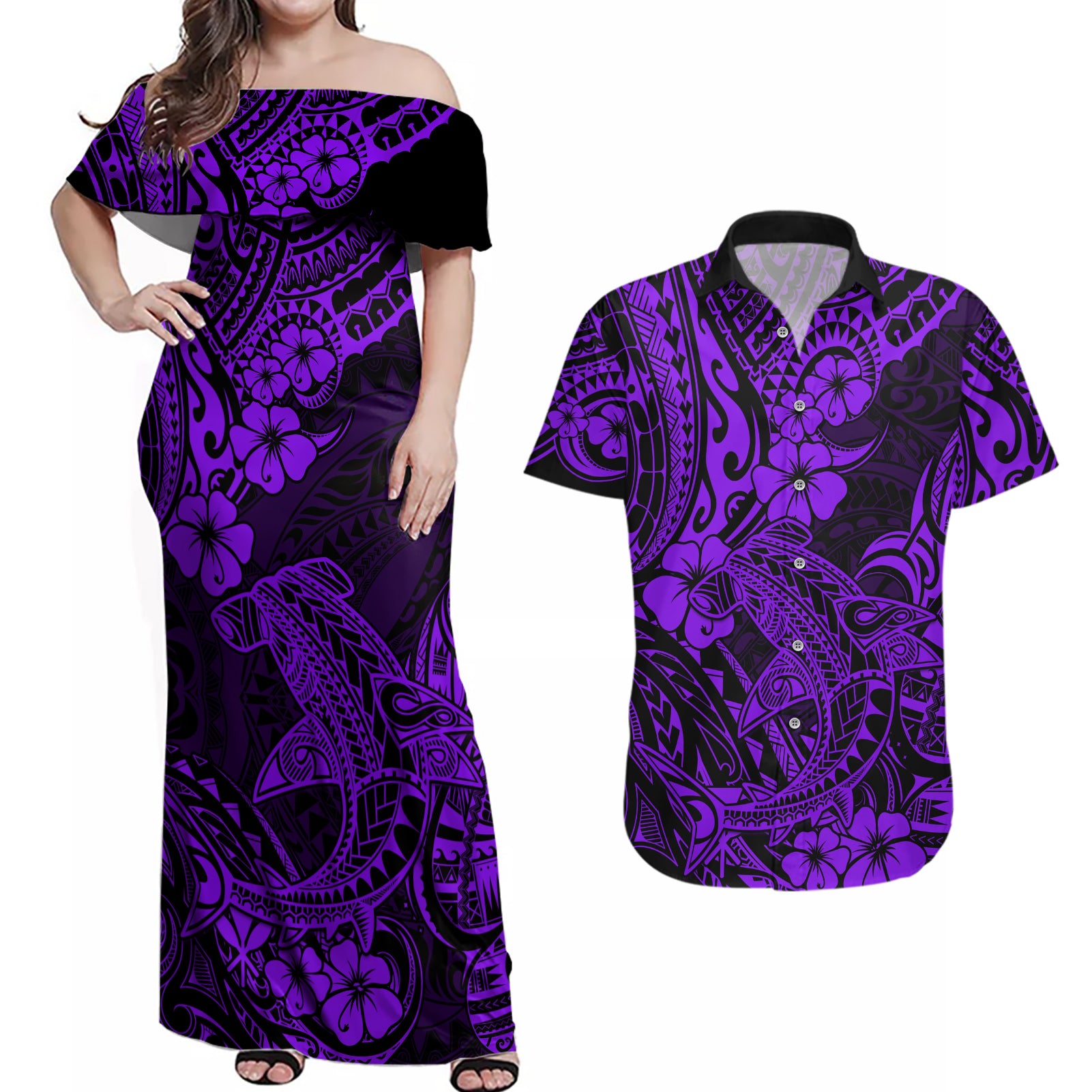 Hawaii Shark Couples Matching Off Shoulder Maxi Dress and Hawaiian Shirt Polynesian Pattern Purple Version LT01 Purple - Polynesian Pride