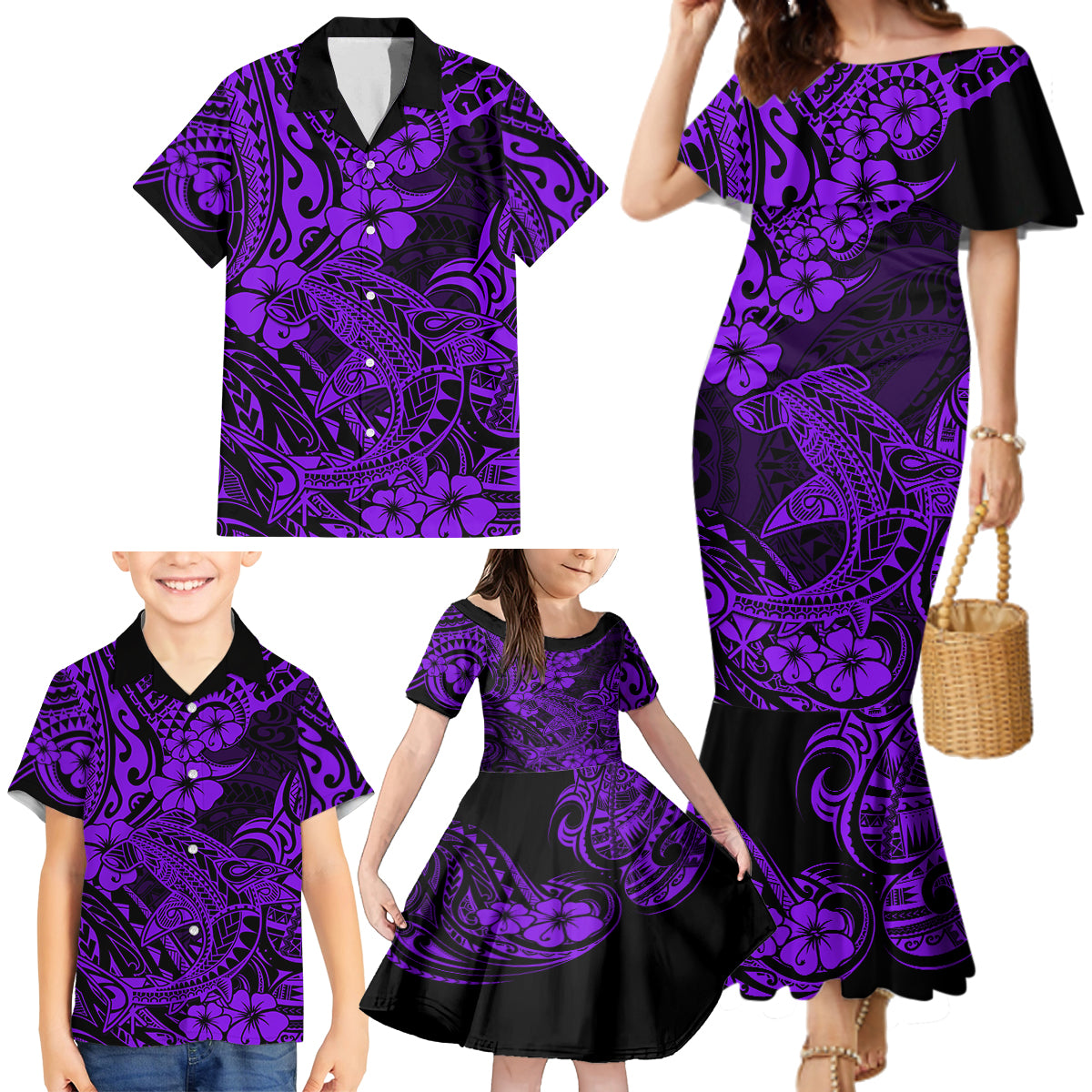 Hawaii Shark Family Matching Mermaid Dress and Hawaiian Shirt Polynesian Pattern Purple Version LT01 - Polynesian Pride