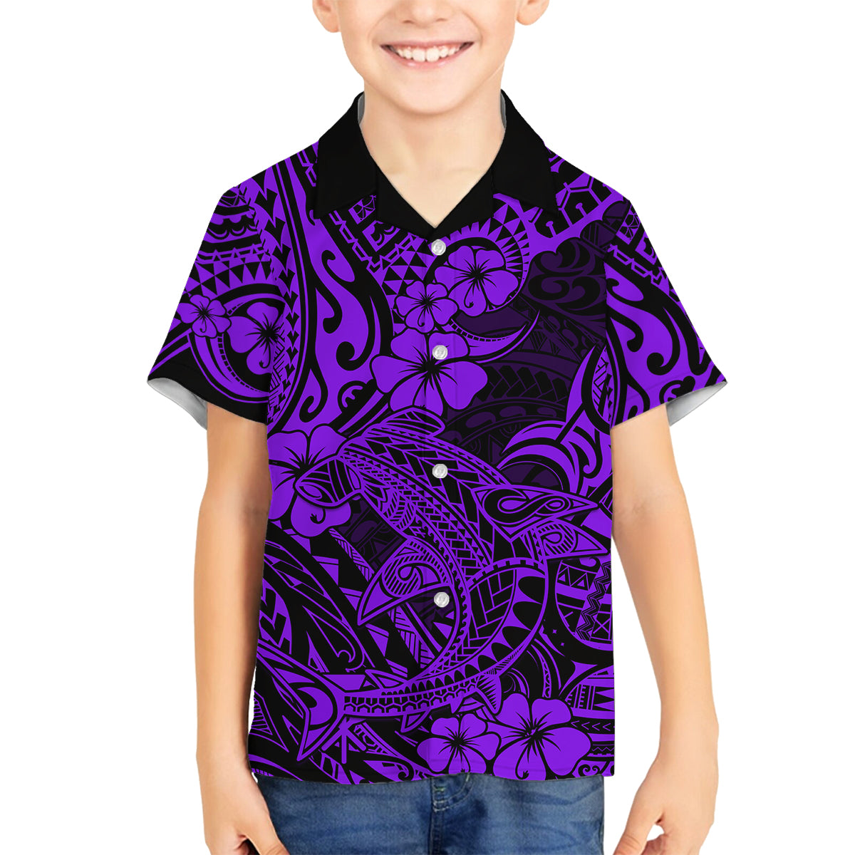 Hawaii Shark Family Matching Off Shoulder Short Dress and Hawaiian Shirt Polynesian Pattern Purple Version LT01 Son's Shirt Purple - Polynesian Pride