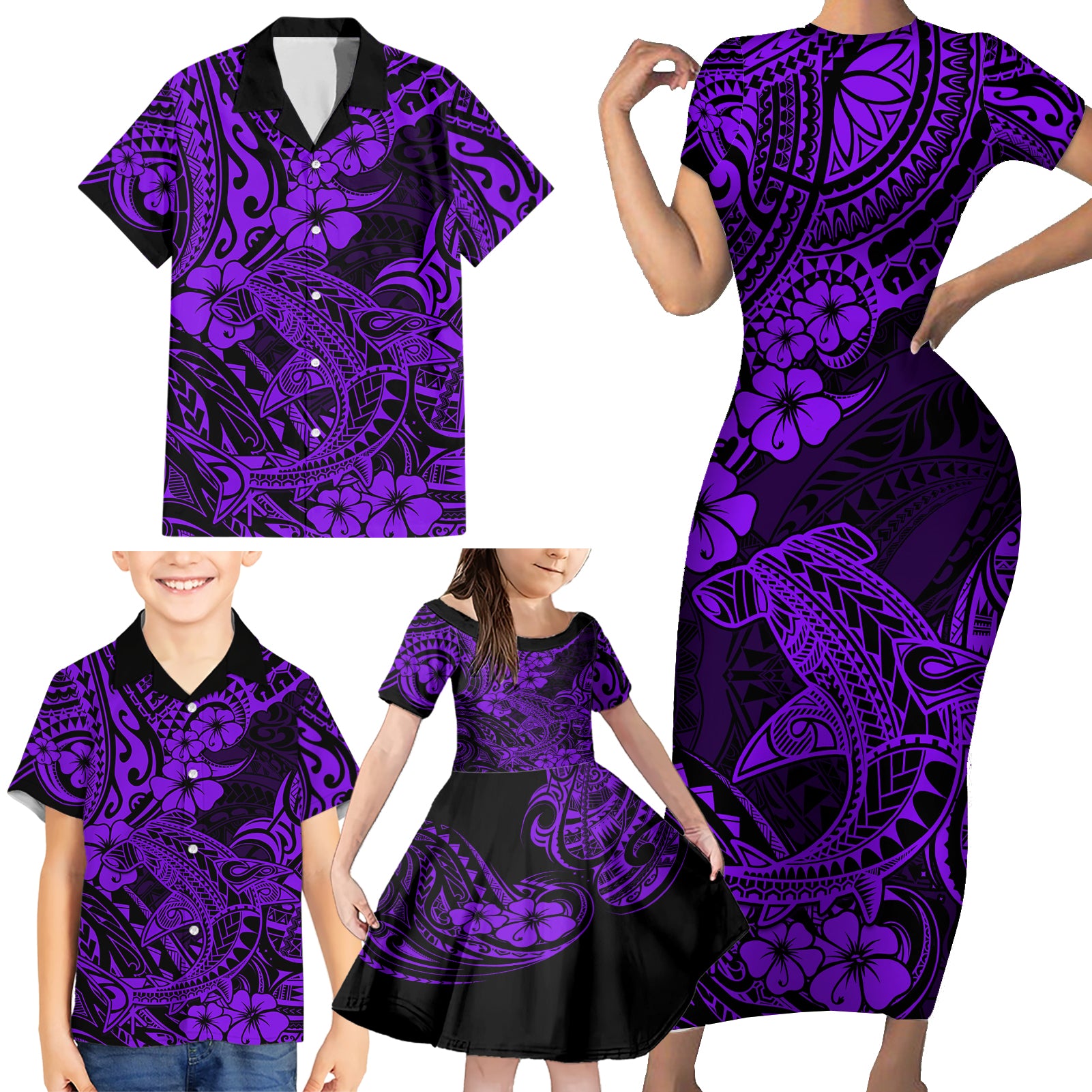 Hawaii Shark Family Matching Short Sleeve Bodycon Dress and Hawaiian Shirt Polynesian Pattern Purple Version LT01 - Polynesian Pride