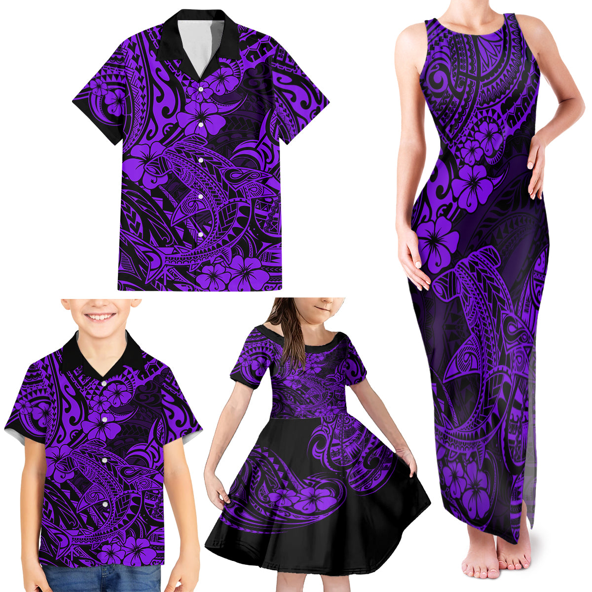 Hawaii Shark Family Matching Tank Maxi Dress and Hawaiian Shirt Polynesian Pattern Purple Version LT01 - Polynesian Pride