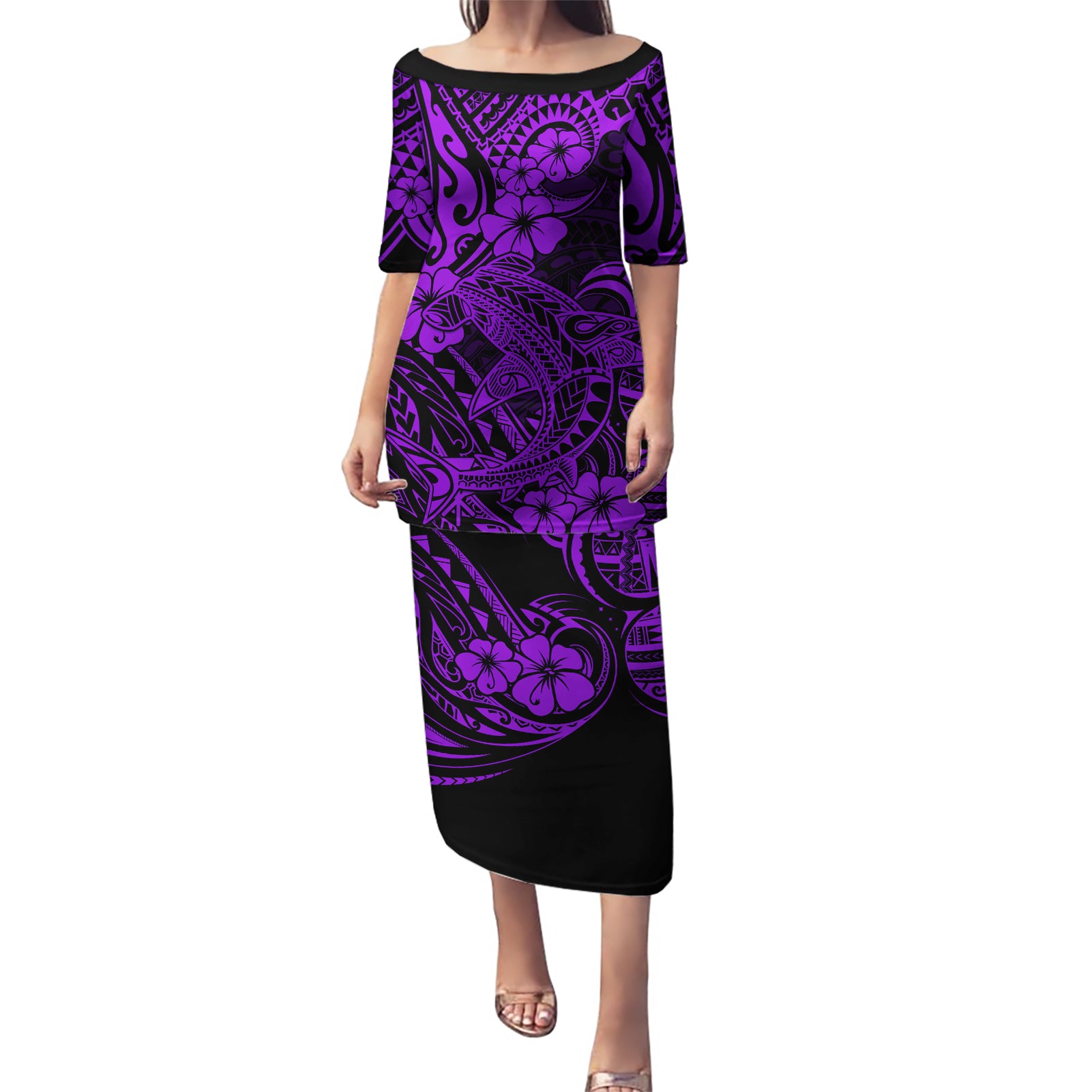 Hawaii Shark Puletasi Polynesian Pattern Purple Version LT01 Long Dress Purple - Polynesian Pride