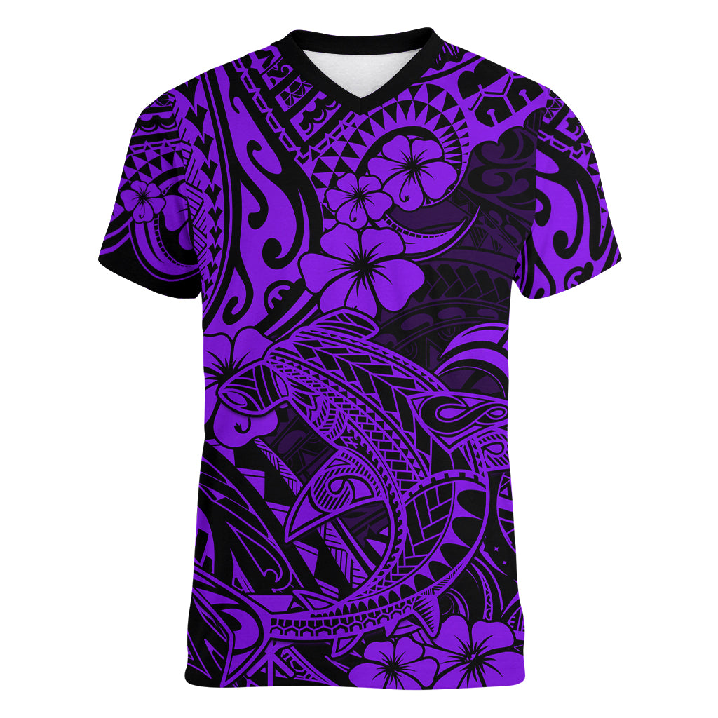 Hawaii Shark Women V Neck T Shirt Polynesian Pattern Purple Version LT01 Female Purple - Polynesian Pride