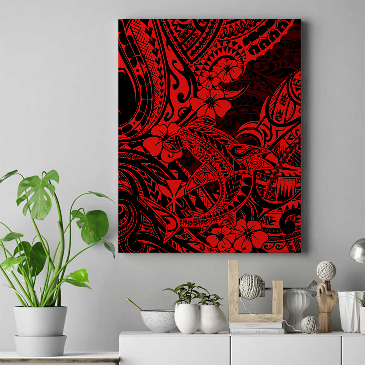 Hawaii Shark Canvas Wall Art Polynesian Pattern Red Version LT01 Red - Polynesian Pride