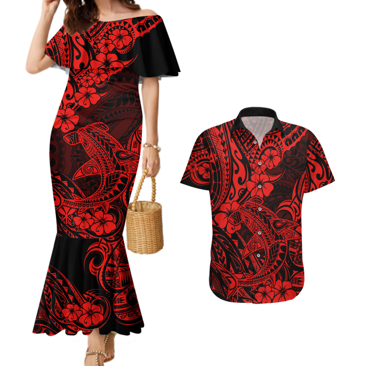 Hawaii Shark Couples Matching Mermaid Dress and Hawaiian Shirt Polynesian Pattern Red Version LT01 Red - Polynesian Pride