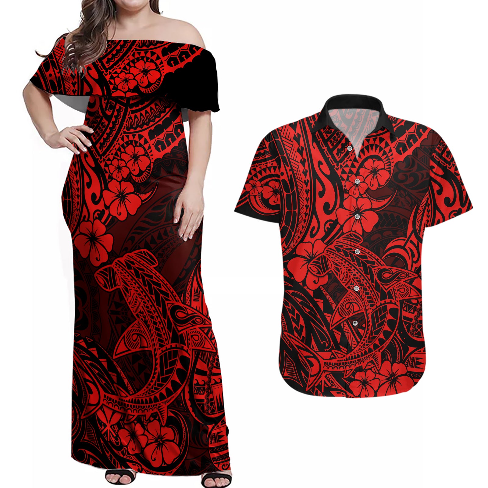 Hawaii Shark Couples Matching Off Shoulder Maxi Dress and Hawaiian Shirt Polynesian Pattern Red Version LT01 Red - Polynesian Pride