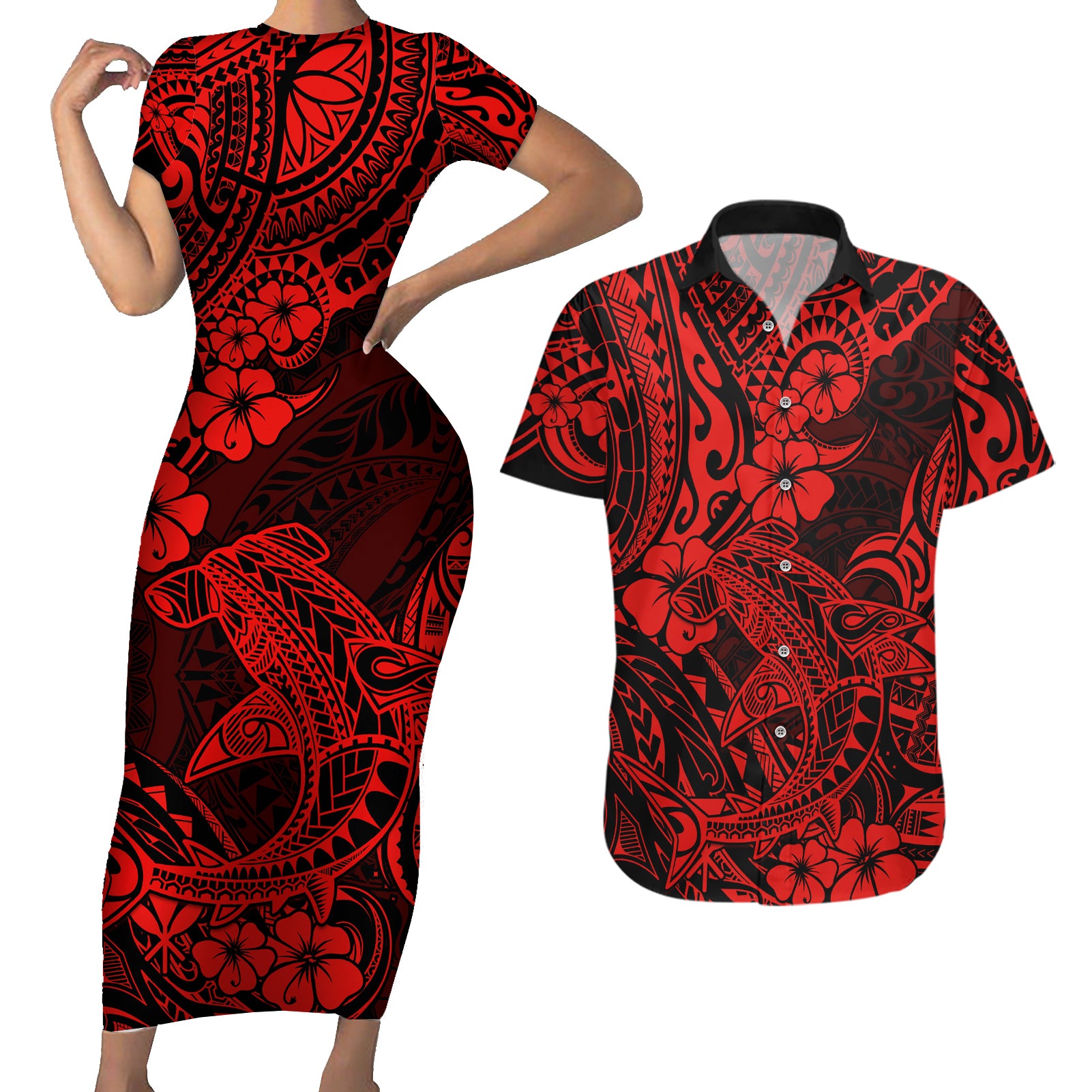 Hawaii Shark Couples Matching Short Sleeve Bodycon Dress and Hawaiian Shirt Polynesian Pattern Red Version LT01 Red - Polynesian Pride