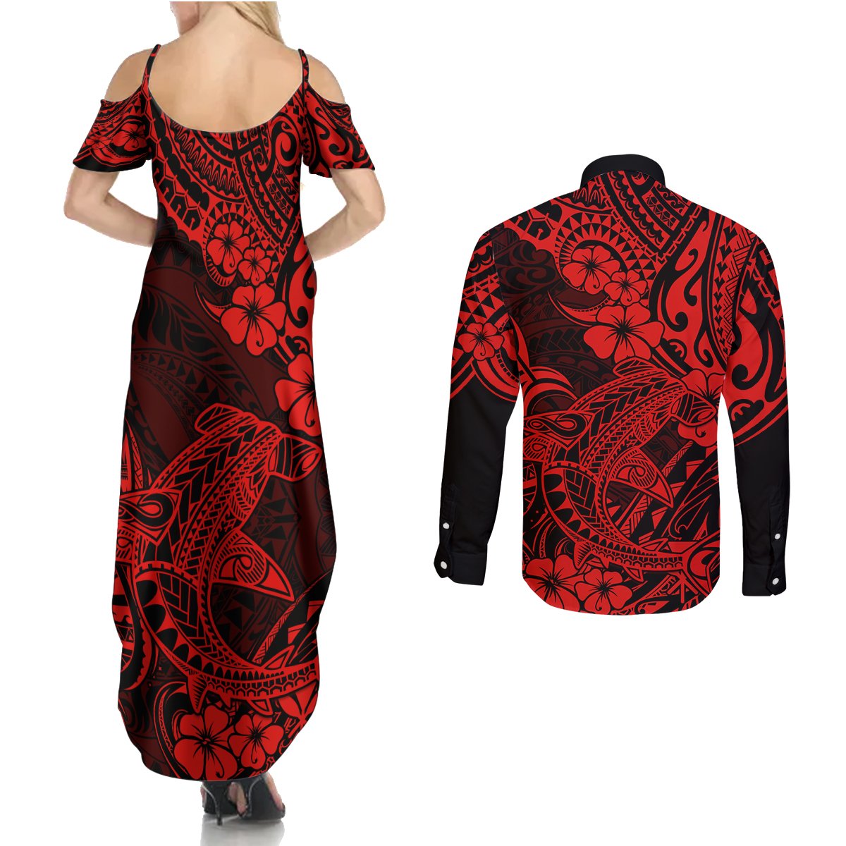 Hawaii Shark Couples Matching Summer Maxi Dress and Long Sleeve Button Shirts Polynesian Pattern Red Version LT01 - Polynesian Pride