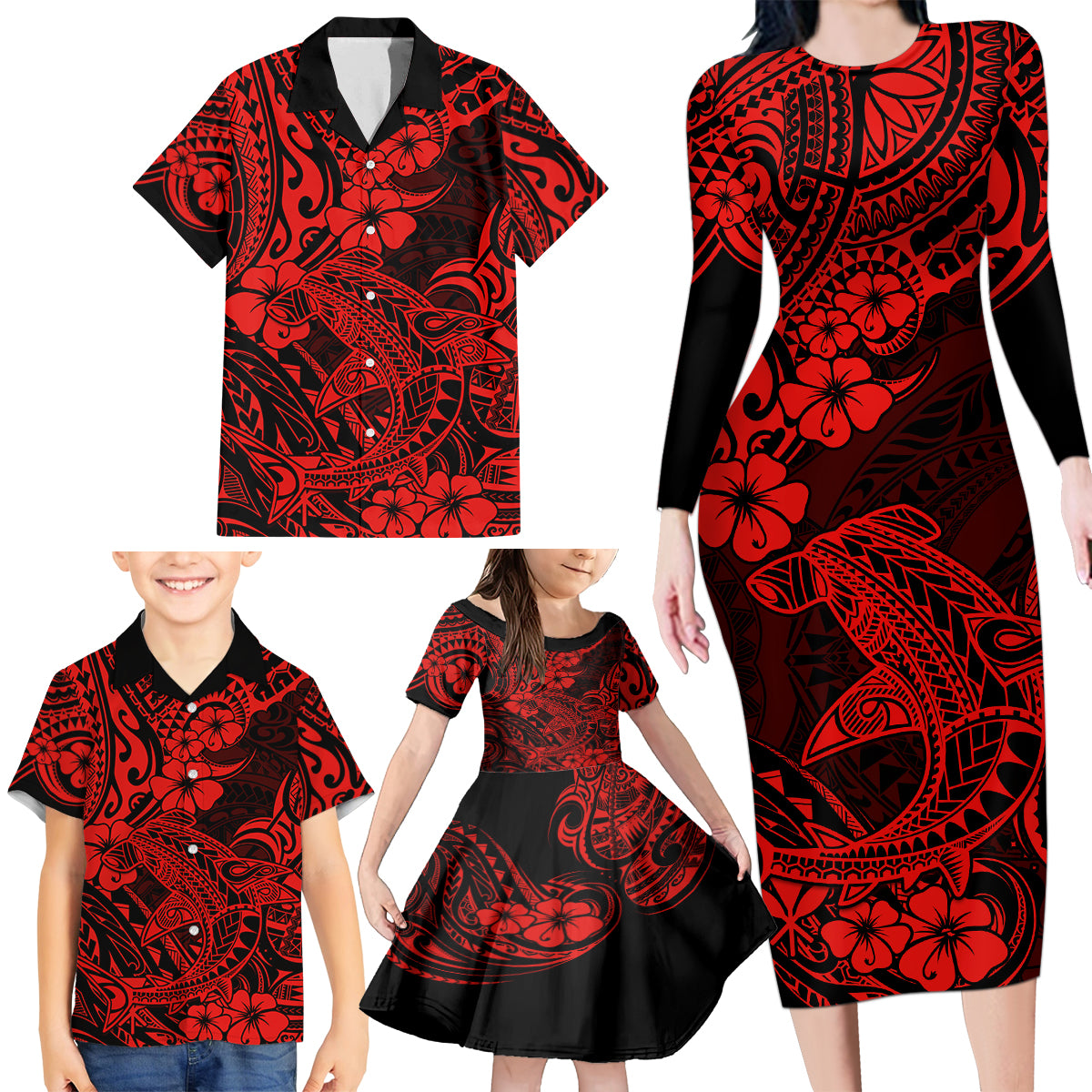 Hawaii Shark Family Matching Long Sleeve Bodycon Dress and Hawaiian Shirt Polynesian Pattern Red Version LT01 - Polynesian Pride