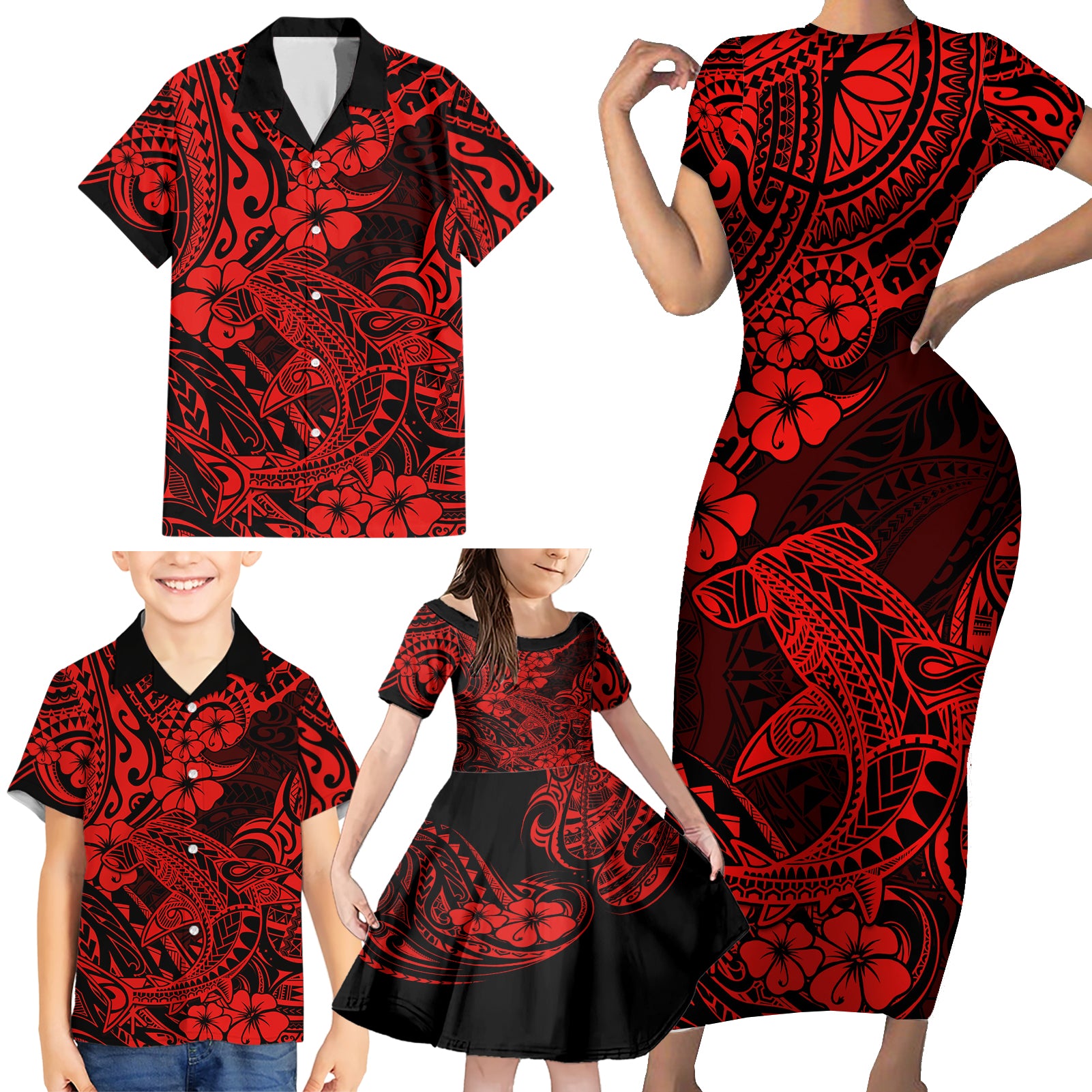 Hawaii Shark Family Matching Short Sleeve Bodycon Dress and Hawaiian Shirt Polynesian Pattern Red Version LT01 - Polynesian Pride