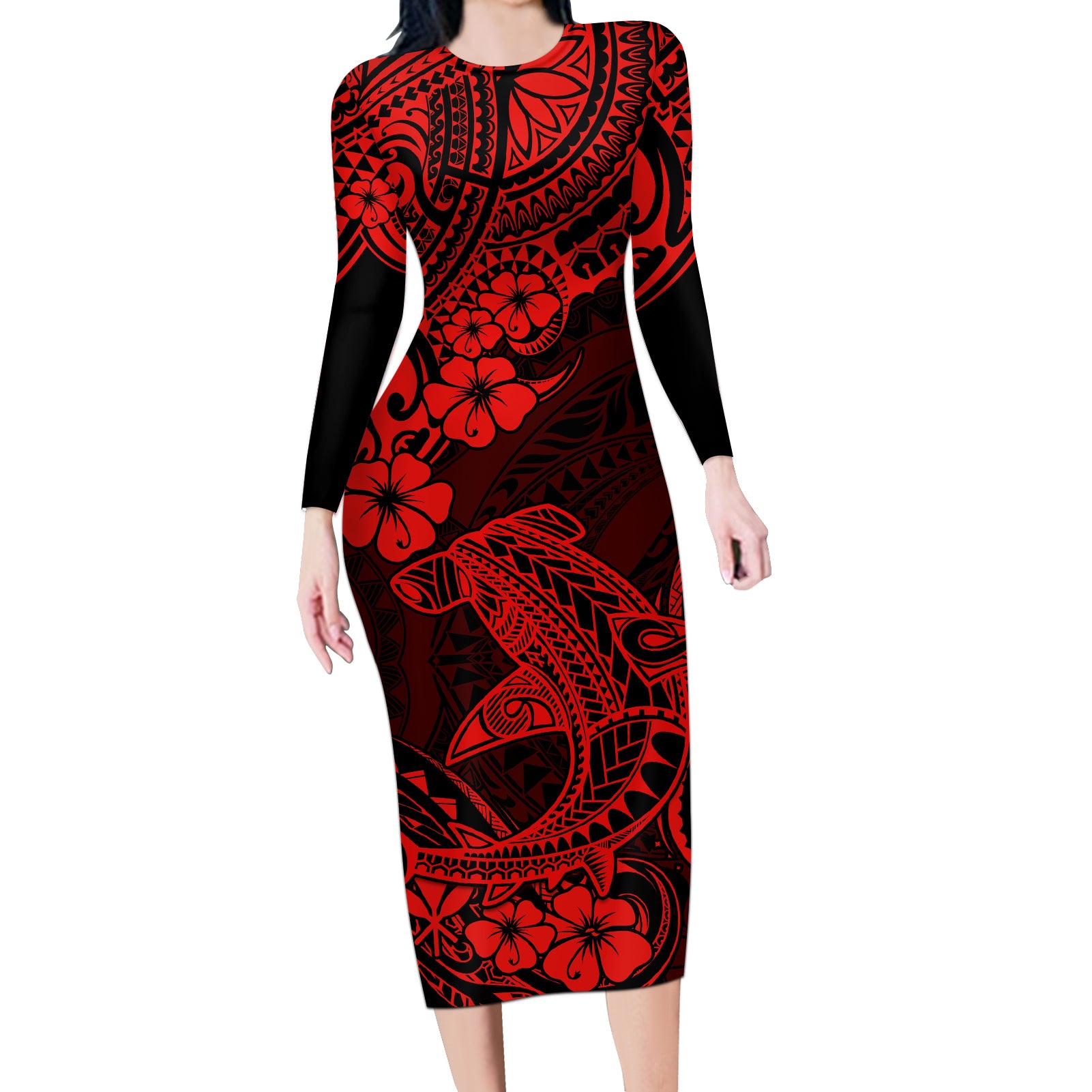 Hawaii Shark Long Sleeve Bodycon Dress Polynesian Pattern Red Version LT01 Long Dress Red - Polynesian Pride