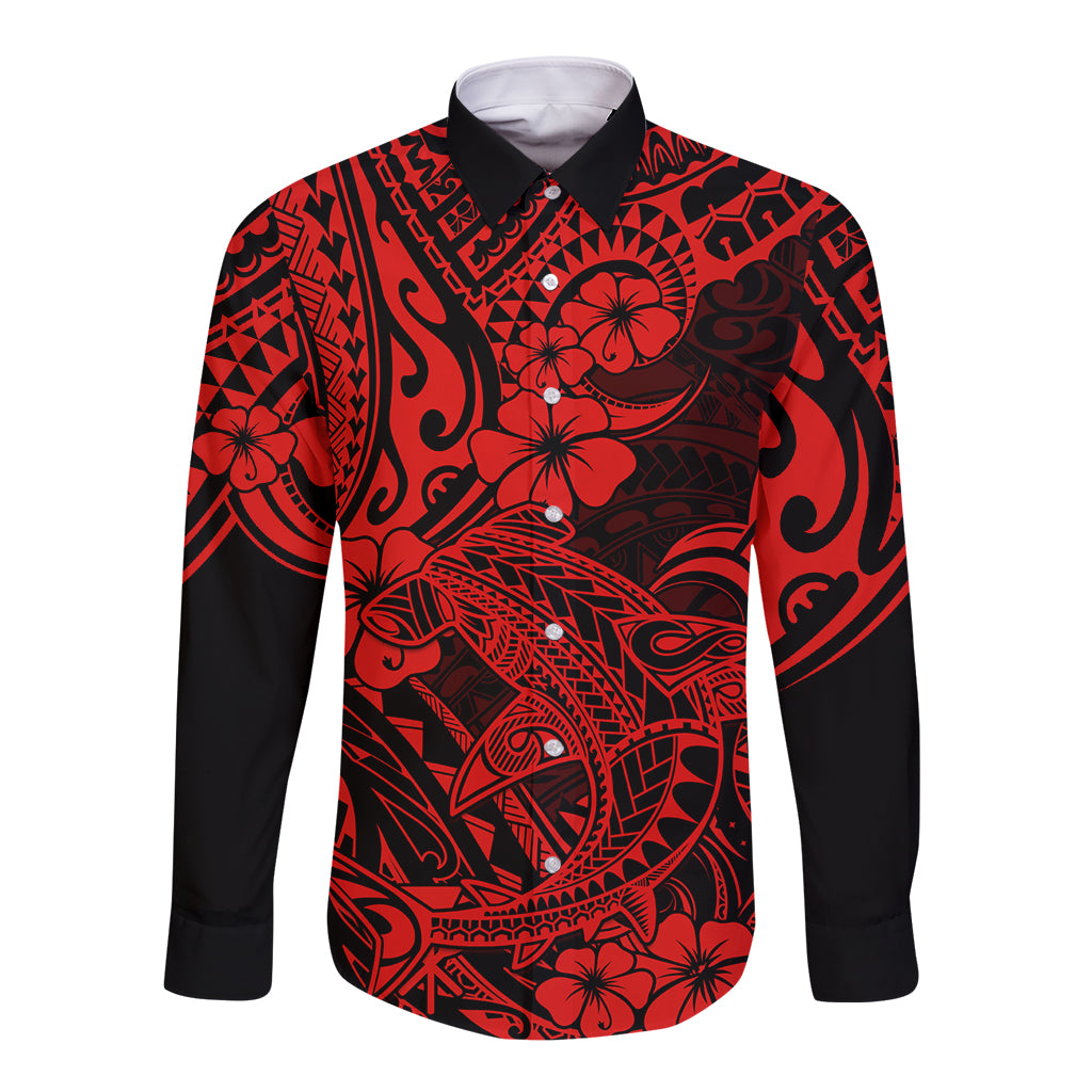 Hawaii Shark Long Sleeve Button Shirt Polynesian Pattern Red Version LT01 Unisex Red - Polynesian Pride