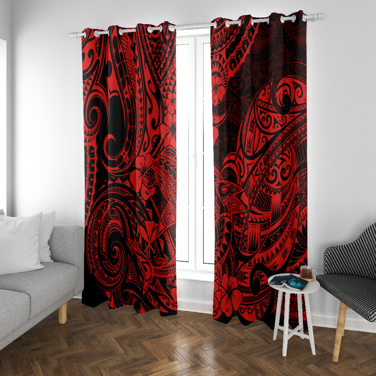Hawaii Shark Window Curtain Polynesian Pattern Red Version LT01 - Polynesian Pride