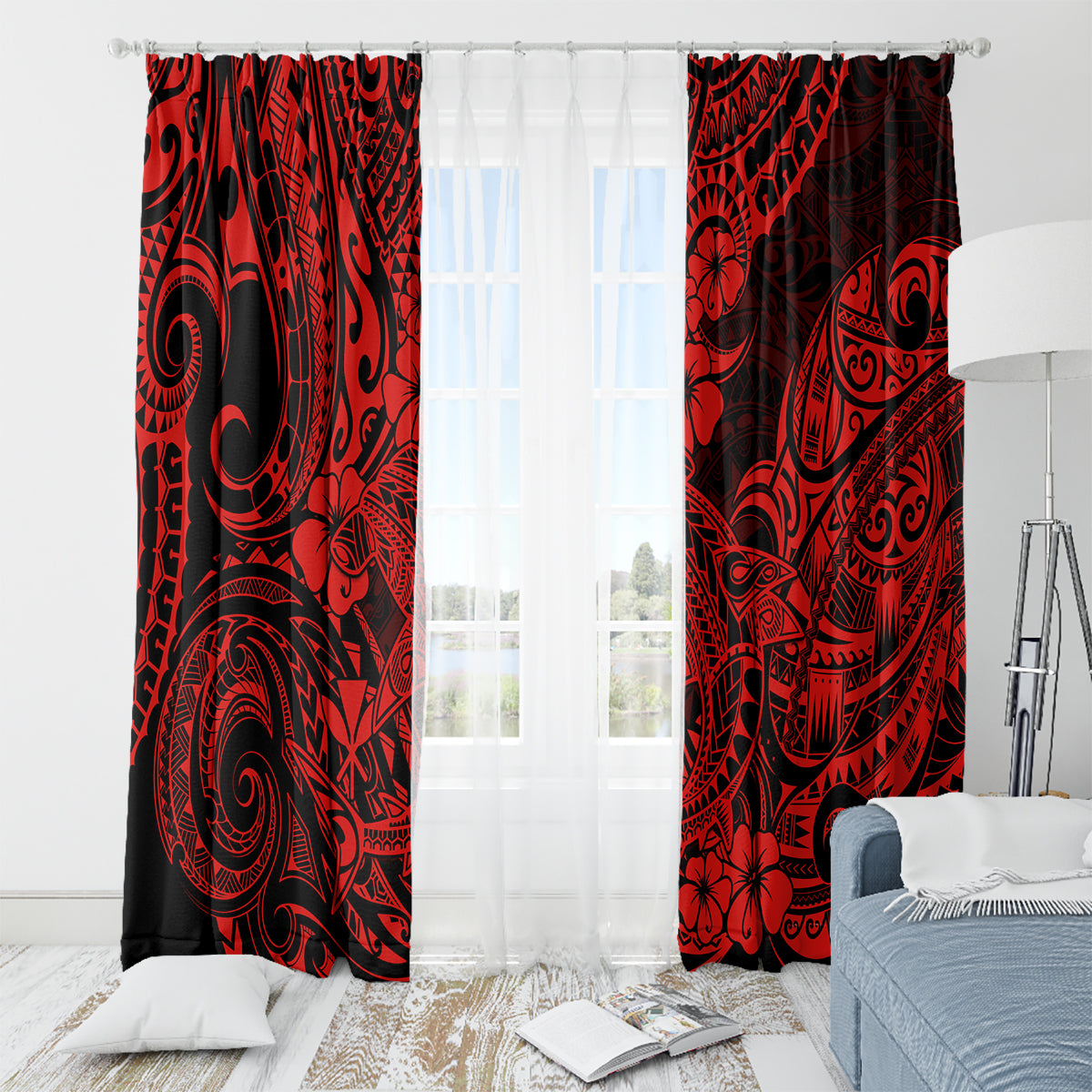 Hawaii Shark Window Curtain Polynesian Pattern Red Version LT01 - Polynesian Pride