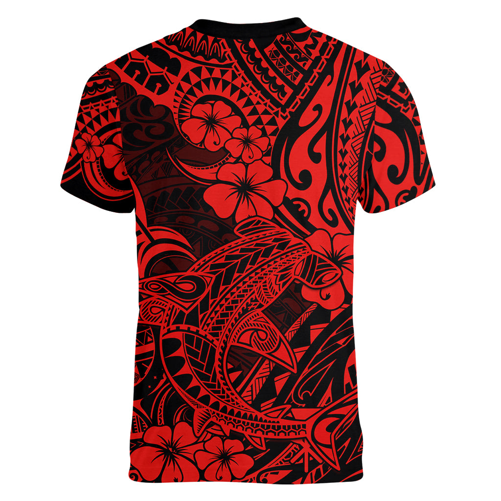 Hawaii Shark Women V Neck T Shirt Polynesian Pattern Red Version LT01 - Polynesian Pride