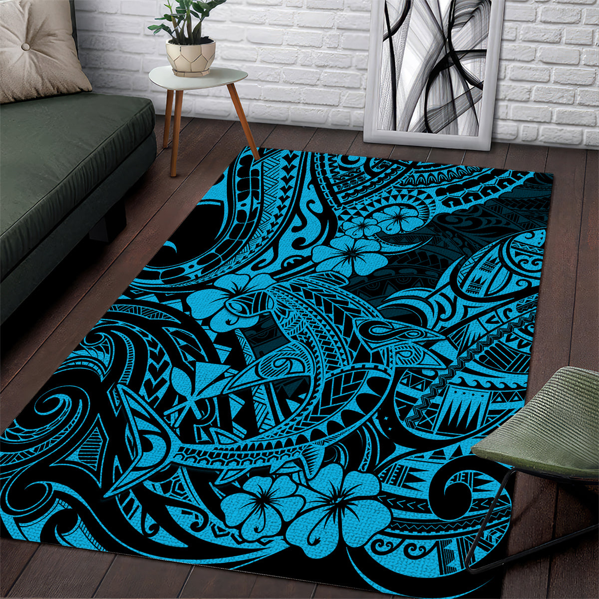 Hawaii Shark Area Rug Polynesian Pattern Sky Blue Version LT01 Blue - Polynesian Pride