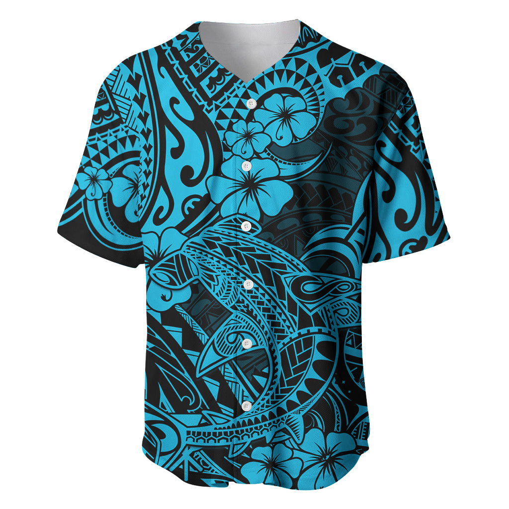 Hawaii Shark Baseball Jersey Polynesian Pattern Sky Blue Version LT01 Blue - Polynesian Pride