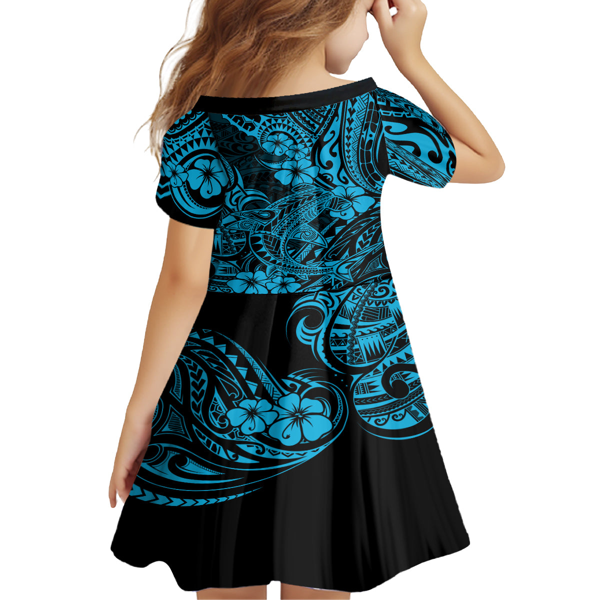 Hawaii Shark Family Matching Long Sleeve Bodycon Dress and Hawaiian Shirt Polynesian Pattern Sky Blue Version LT01 - Polynesian Pride