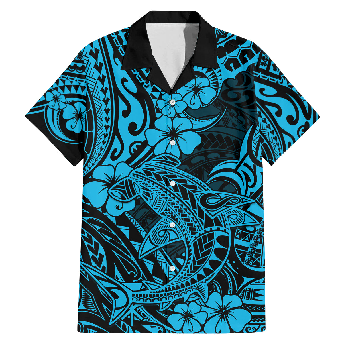 Hawaii Shark Family Matching Mermaid Dress and Hawaiian Shirt Polynesian Pattern Sky Blue Version LT01 Dad's Shirt - Short Sleeve Blue - Polynesian Pride
