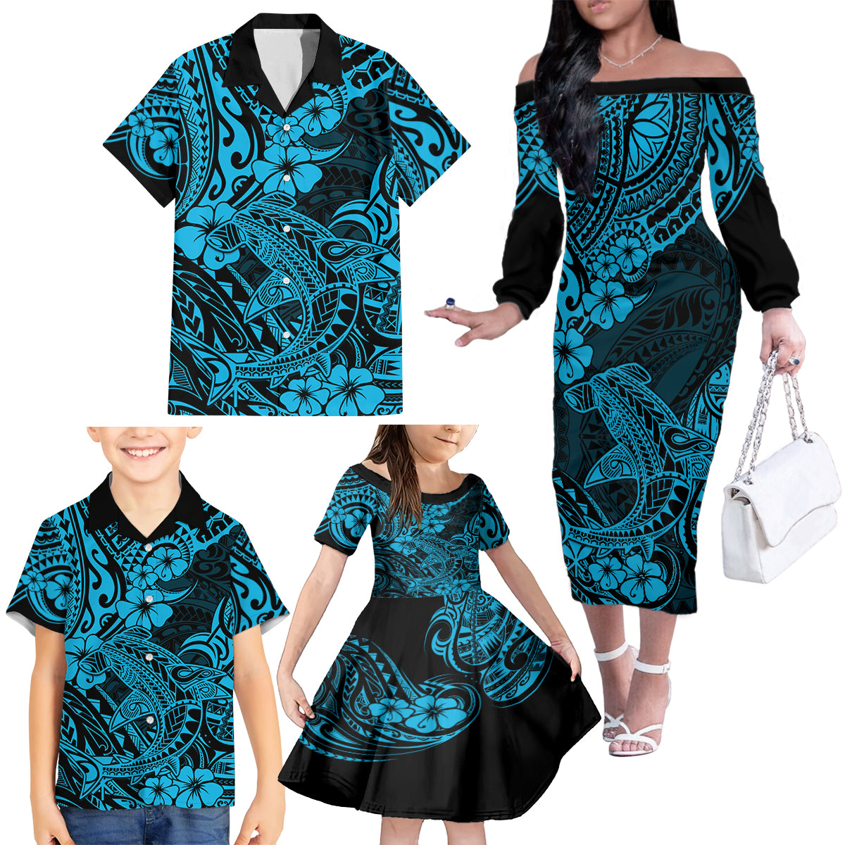 Hawaii Shark Family Matching Off Shoulder Long Sleeve Dress and Hawaiian Shirt Polynesian Pattern Sky Blue Version LT01 - Polynesian Pride