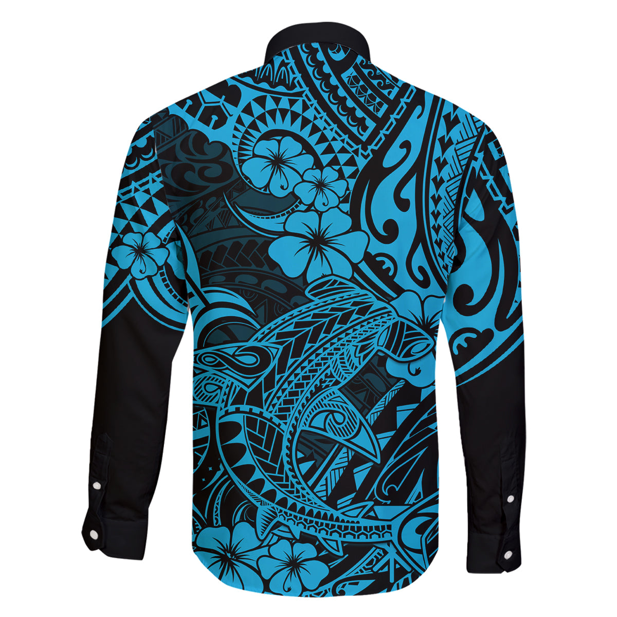 Hawaii Shark Family Matching Off Shoulder Long Sleeve Dress and Hawaiian Shirt Polynesian Pattern Sky Blue Version LT01 - Polynesian Pride