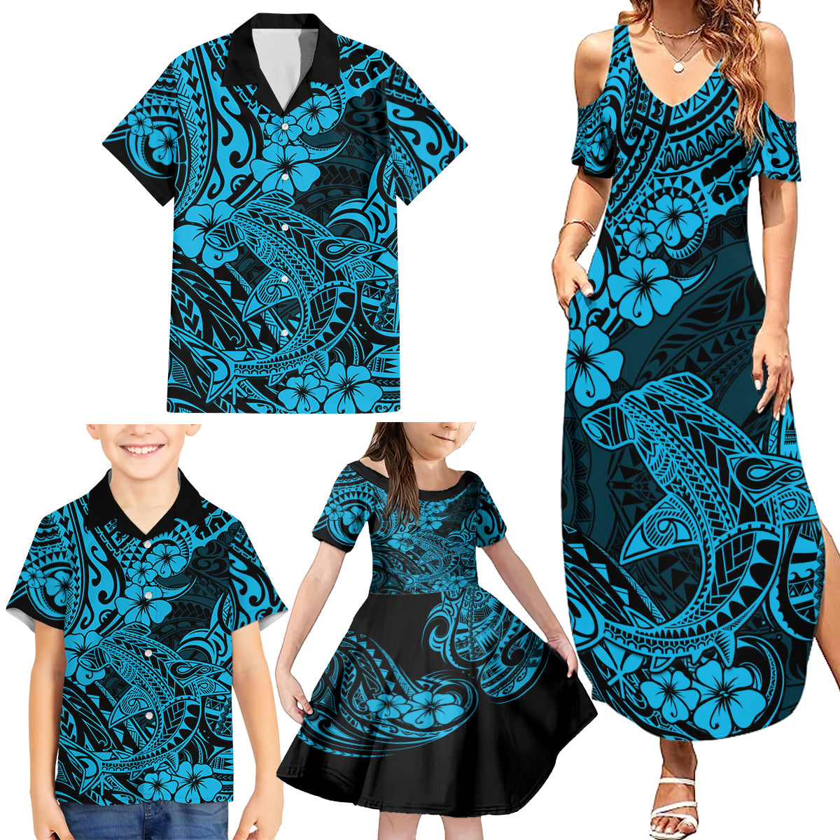 Hawaii Shark Family Matching Summer Maxi Dress and Hawaiian Shirt Polynesian Pattern Sky Blue Version LT01 - Polynesian Pride