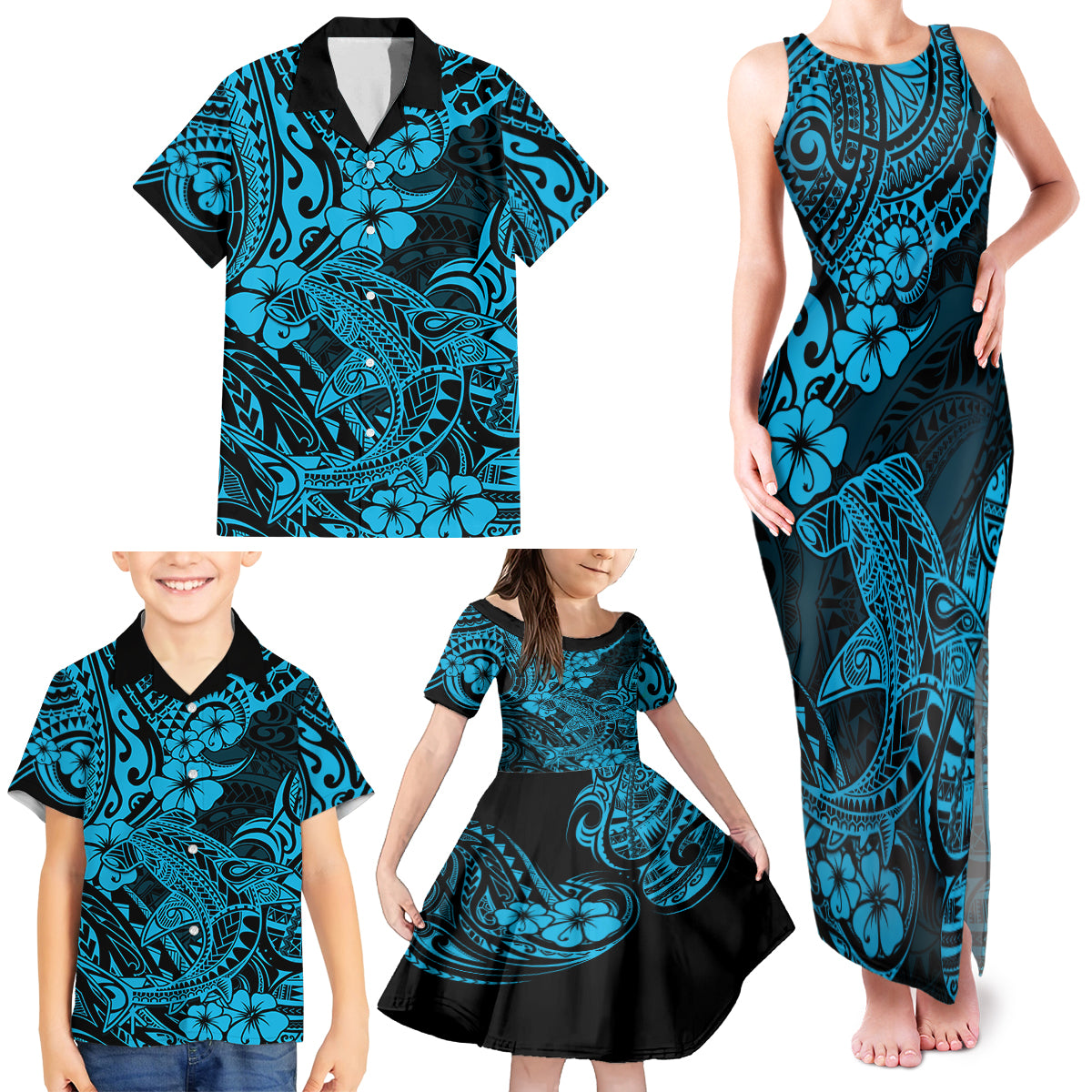 Hawaii Shark Family Matching Tank Maxi Dress and Hawaiian Shirt Polynesian Pattern Sky Blue Version LT01 - Polynesian Pride