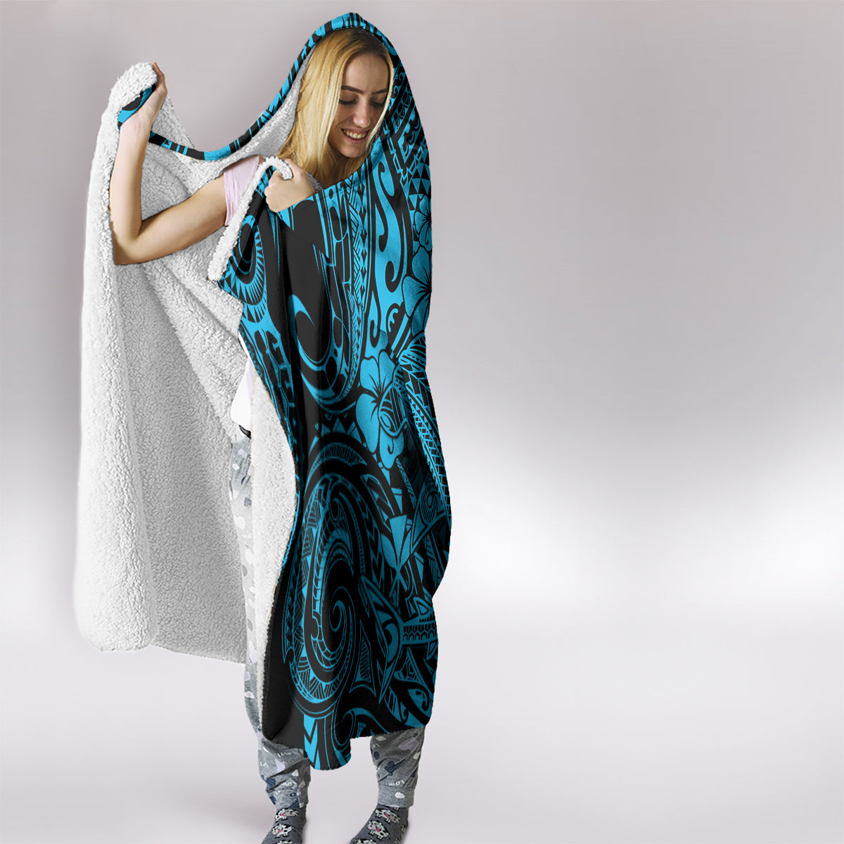 Hawaii Shark Hooded Blanket Polynesian Pattern Sky Blue Version LT01 - Polynesian Pride