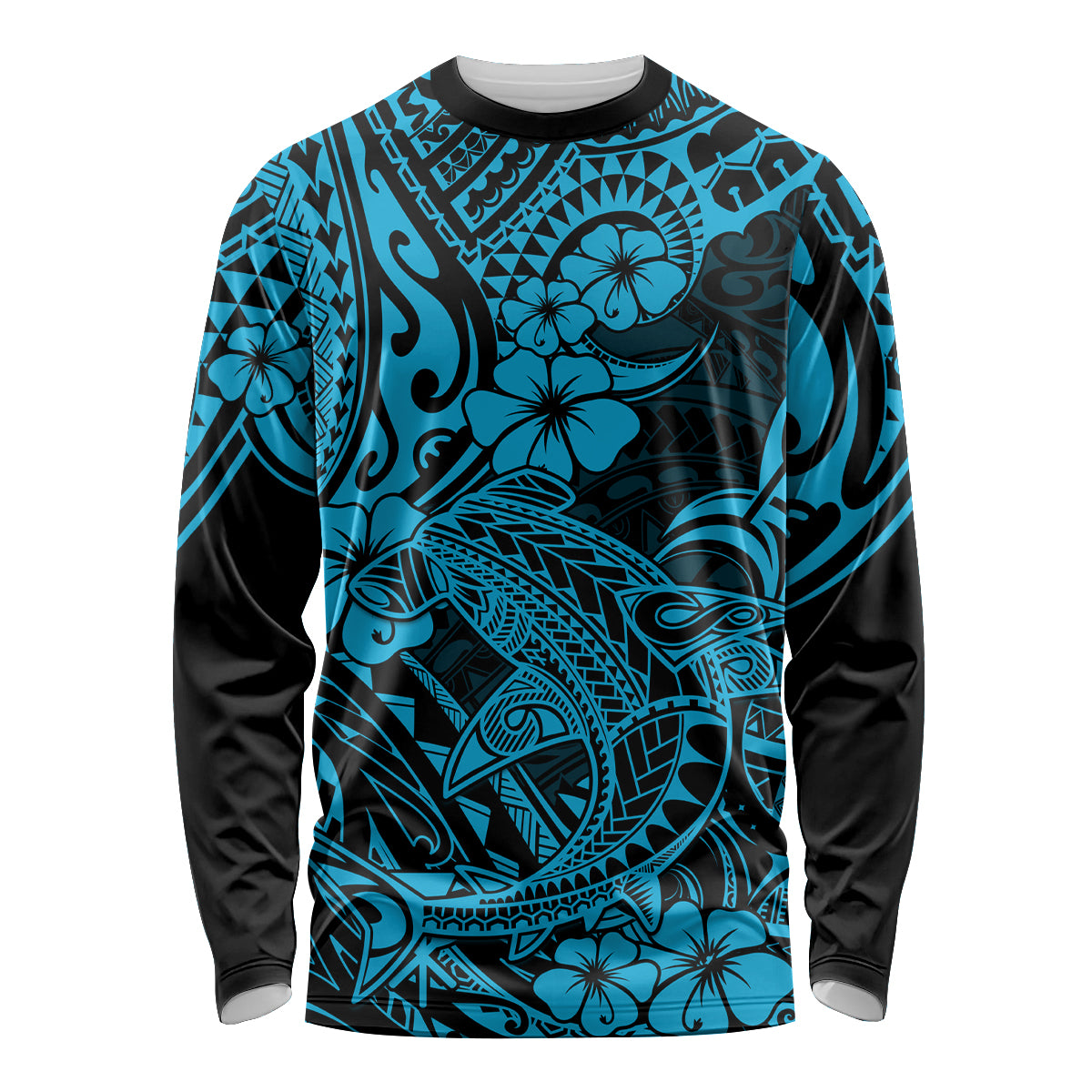 Hawaii Shark Long Sleeve Shirt Polynesian Pattern Sky Blue Version LT01 Unisex Blue - Polynesian Pride