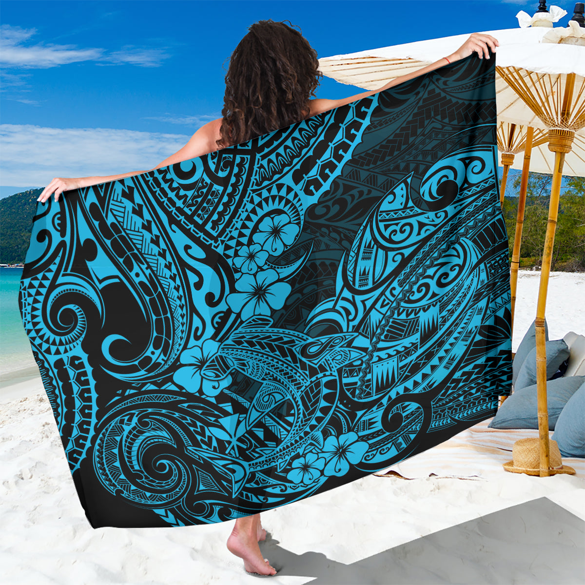 Hawaii Shark Sarong Polynesian Pattern Sky Blue Version LT01 One Size 44 x 66 inches Blue - Polynesian Pride