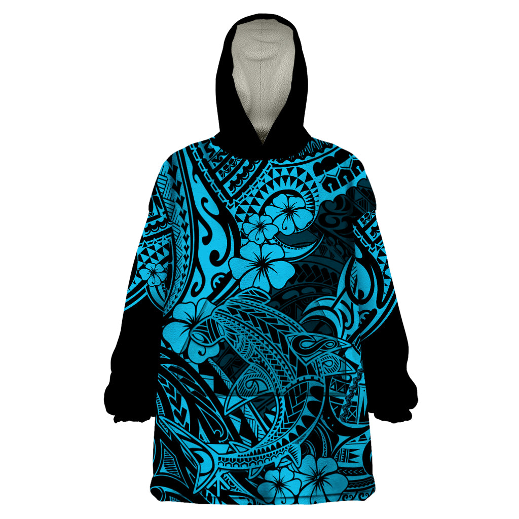 Hawaii Shark Wearable Blanket Hoodie Polynesian Pattern Sky Blue Version LT01 One Size Blue - Polynesian Pride