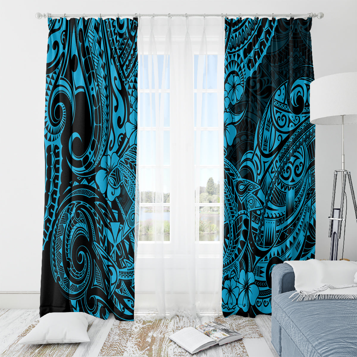 Hawaii Shark Window Curtain Polynesian Pattern Sky Blue Version LT01 - Polynesian Pride