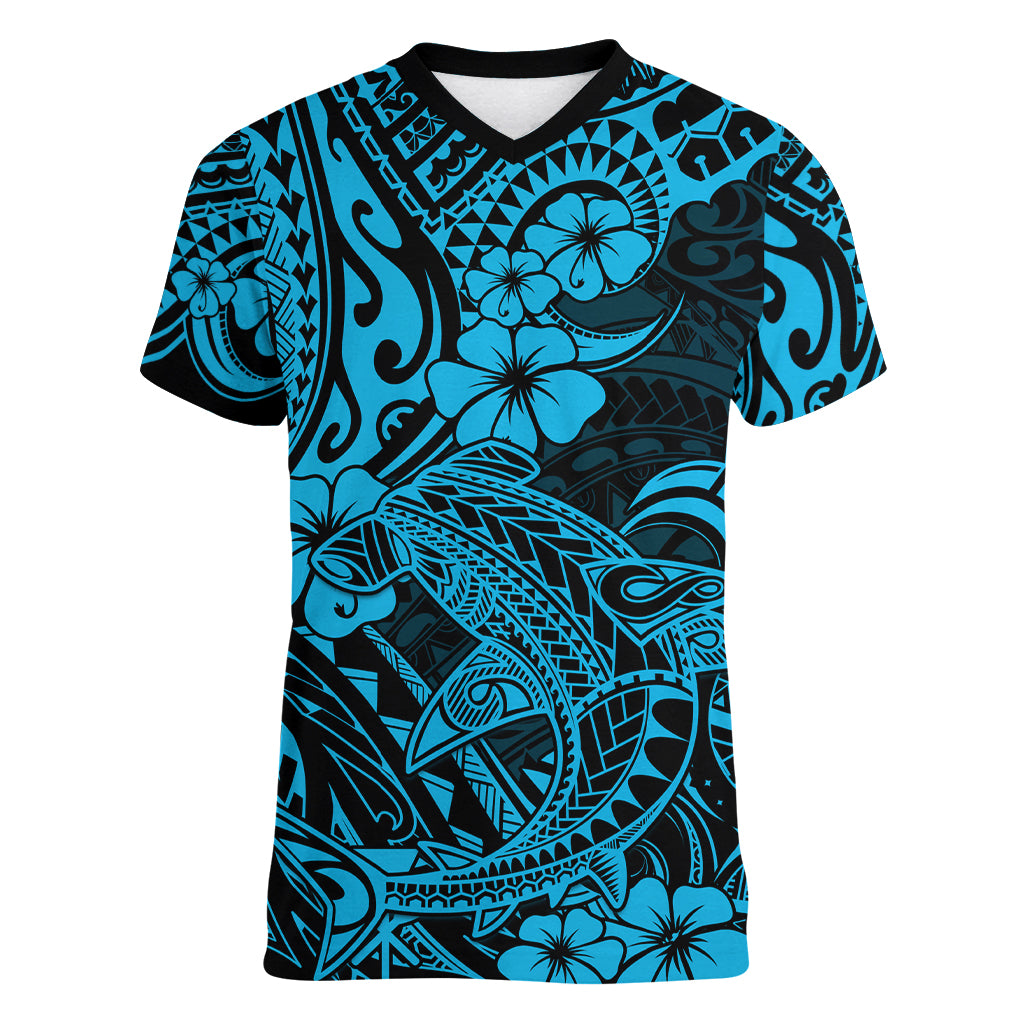 Hawaii Shark Women V Neck T Shirt Polynesian Pattern Sky Blue Version LT01 Female Blue - Polynesian Pride