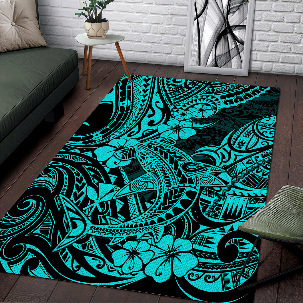 Hawaii Shark Area Rug Polynesian Pattern Turquoise Version LT01 Turquoise - Polynesian Pride