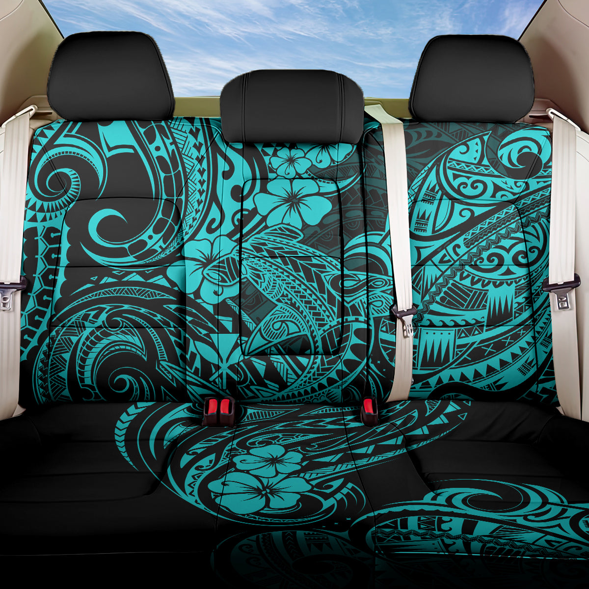 Hawaii Shark Back Car Seat Cover Polynesian Pattern Turquoise Version