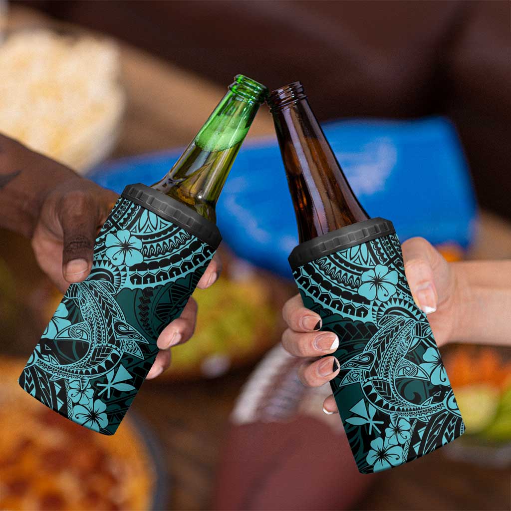 Hawaii Shark 4 in 1 Can Cooler Tumbler Polynesian Pattern Turquoise Version