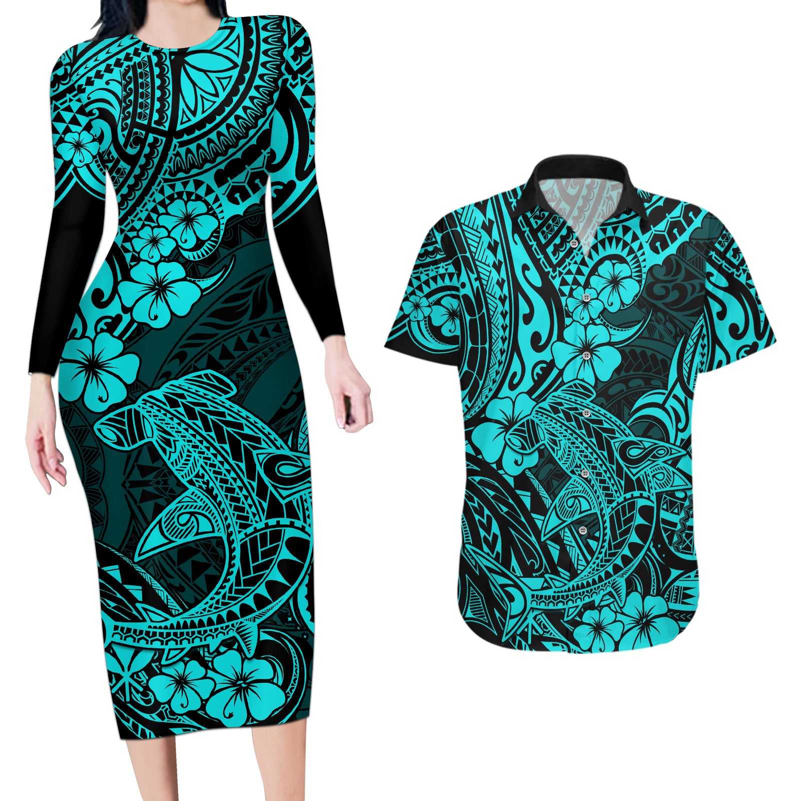 Hawaii Shark Couples Matching Long Sleeve Bodycon Dress and Hawaiian Shirt Polynesian Pattern Turquoise Version LT01 Turquoise - Polynesian Pride