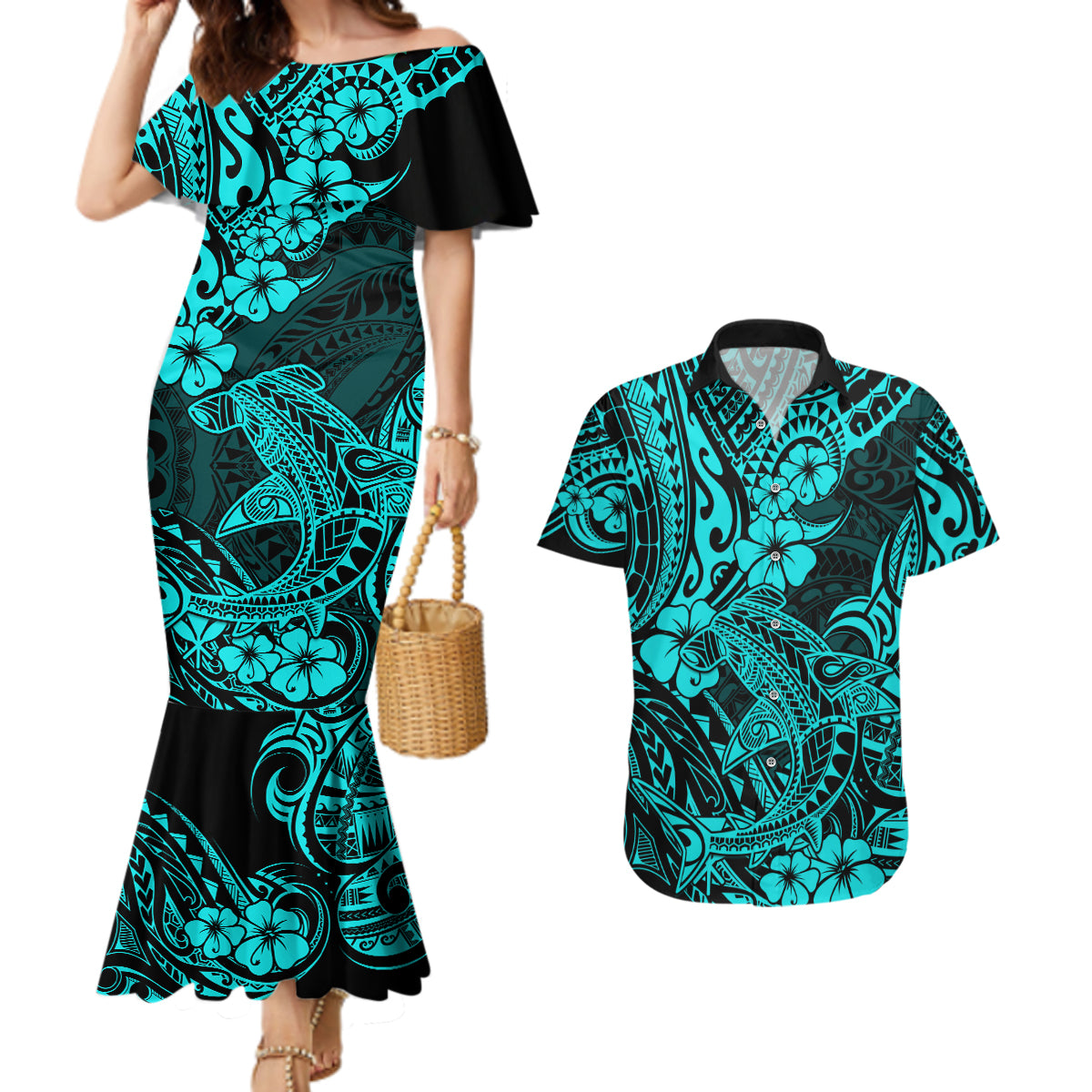 Hawaii Shark Couples Matching Mermaid Dress and Hawaiian Shirt Polynesian Pattern Turquoise Version LT01 Turquoise - Polynesian Pride