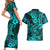 Hawaii Shark Couples Matching Short Sleeve Bodycon Dress and Hawaiian Shirt Polynesian Pattern Turquoise Version LT01 - Polynesian Pride