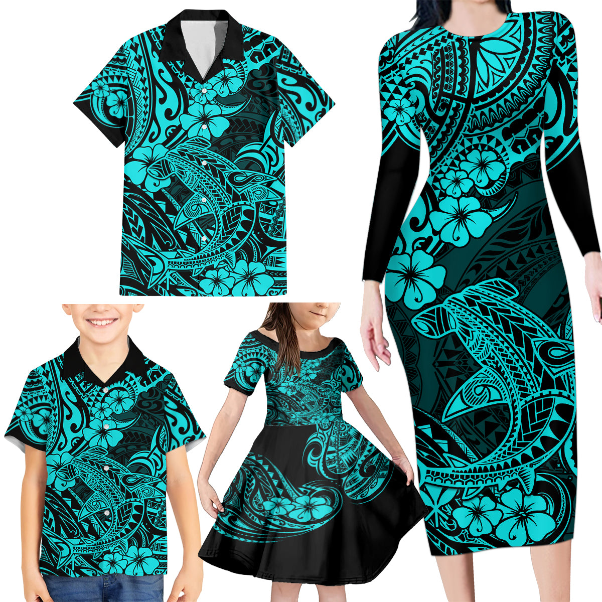 Hawaii Shark Family Matching Long Sleeve Bodycon Dress and Hawaiian Shirt Polynesian Pattern Turquoise Version LT01 - Polynesian Pride