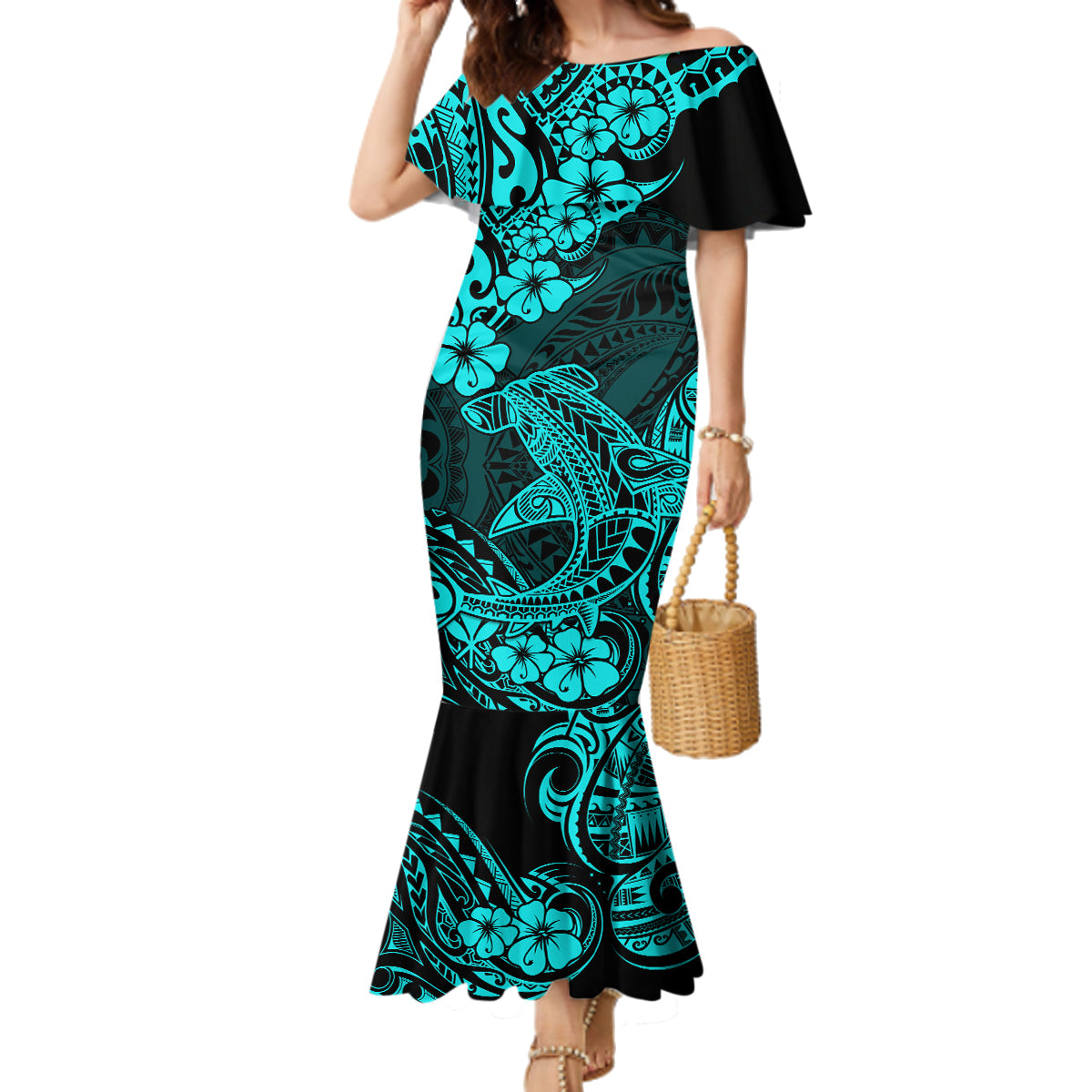 Hawaii Shark Family Matching Mermaid Dress and Hawaiian Shirt Polynesian Pattern Turquoise Version LT01 Mom's Dress Turquoise - Polynesian Pride