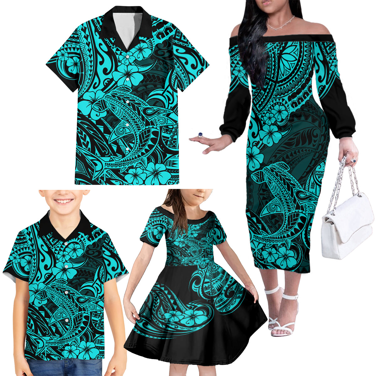 Hawaii Shark Family Matching Off Shoulder Long Sleeve Dress and Hawaiian Shirt Polynesian Pattern Turquoise Version LT01 - Polynesian Pride