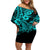 Hawaii Shark Family Matching Off Shoulder Short Dress and Hawaiian Shirt Polynesian Pattern Turquoise Version LT01 Mom's Dress Turquoise - Polynesian Pride