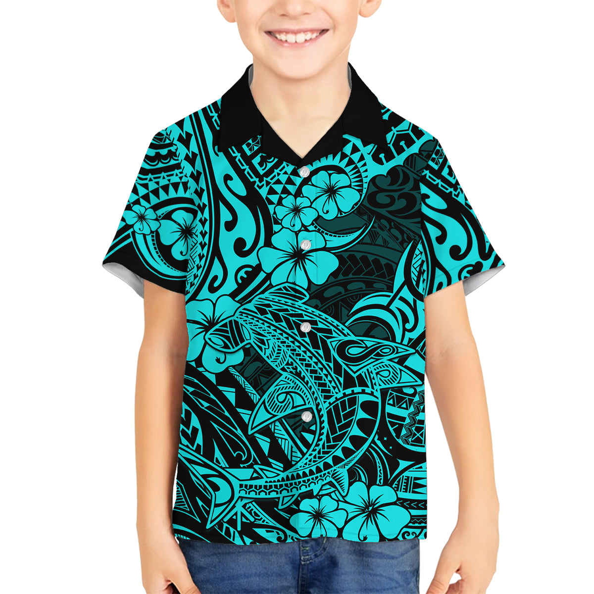 Hawaii Shark Family Matching Puletasi Dress and Hawaiian Shirt Polynesian Pattern Turquoise Version LT01 Son's Shirt Turquoise - Polynesian Pride