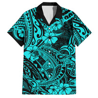 Hawaii Shark Family Matching Summer Maxi Dress and Hawaiian Shirt Polynesian Pattern Turquoise Version LT01 Dad's Shirt - Short Sleeve Turquoise - Polynesian Pride